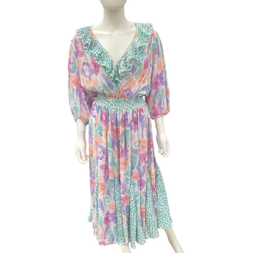 Vintage Assorti For Susan Freis Dress SZ M Made In USA Multicolor Pastel Colors